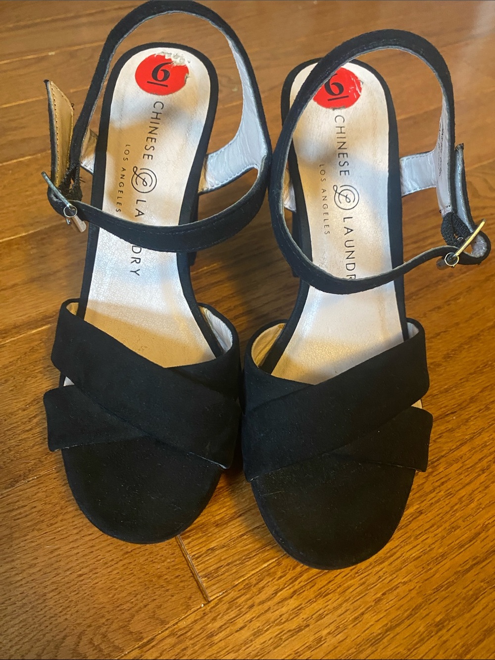 Chinese Laundry Black Suede Crisscross Ankle Strap Block Heels